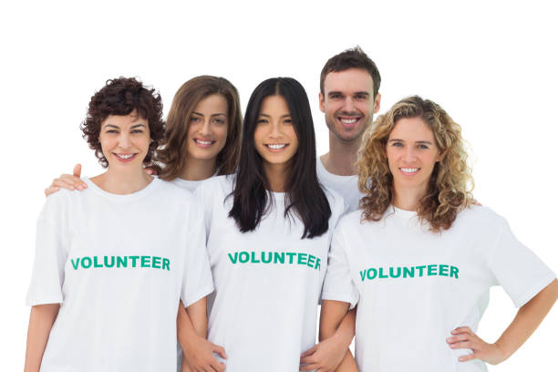istock Group of people wearing volunteer tshirt 827783696