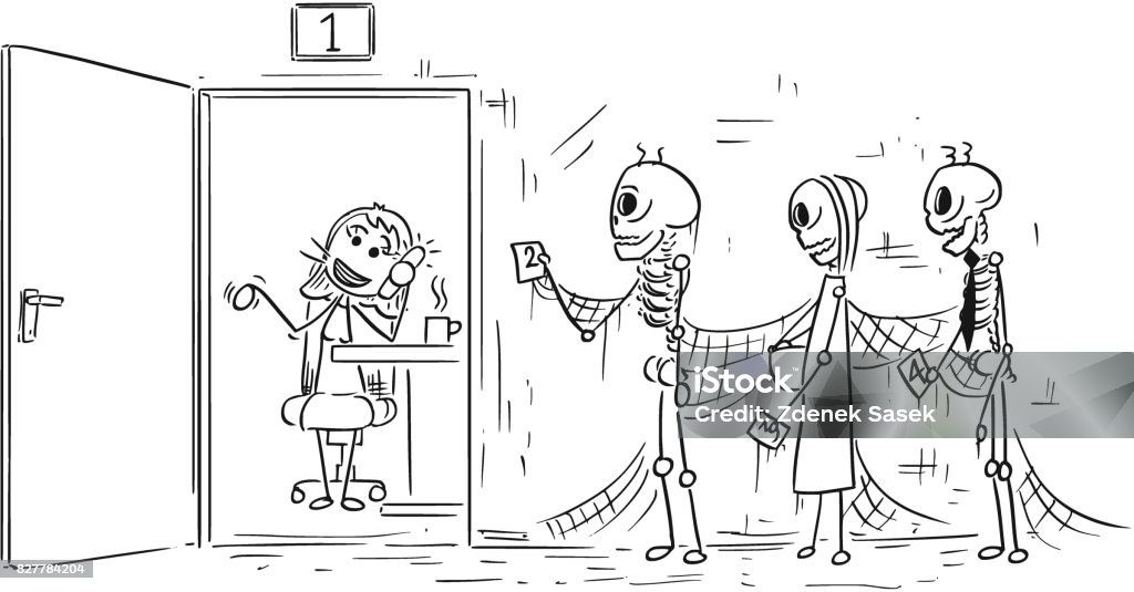 Cartoon Illustration Of Three Skeletons Of People Dying Waiting In Queue Or  Line For Clerk To End Phone Call Stock Illustration - Download Image Now -  iStock