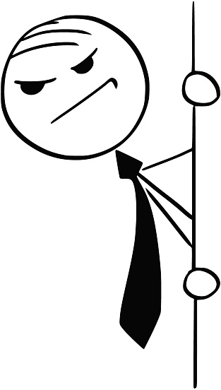 Cartoon illustration of stick man businessman, clerk or manager snooping around or looking at something.