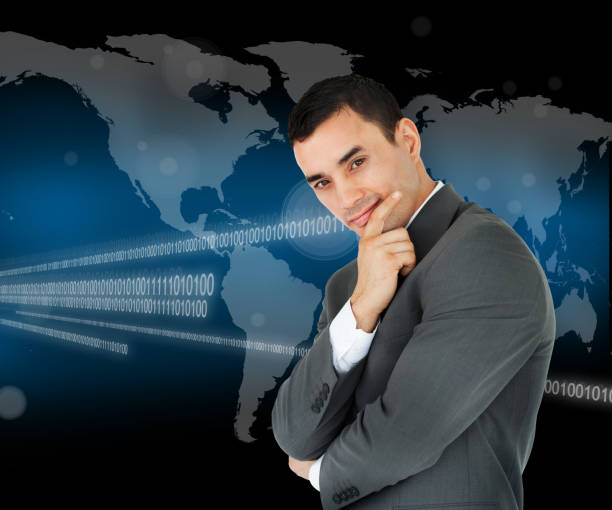 istock Businessman standing in front of world map 827787338