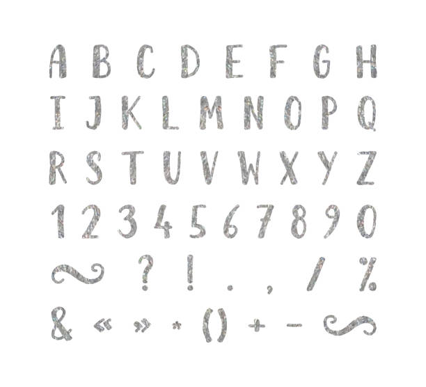 Handwritten font with punctuation marks Handwritten bold silver font with punctuation marks on white background. Uppercase font contains question mark, exclamation point, period, comma, dash, hyphen, bracket etc. Vector illustration. cursive ampersand stock illustrations