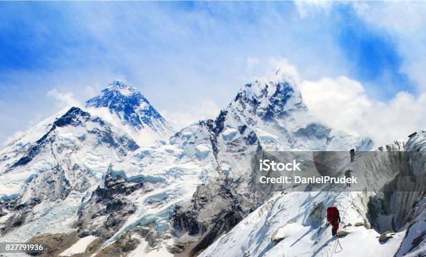 Mount Everest From Kala Patthar With Group Of Climbers Stock Photo - Download Image Now