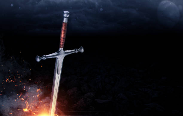 istock Metal sword on a dark background with clouds. 3d render 827795688