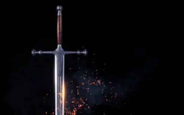 Metal sword on a dark background with clouds. 3d render