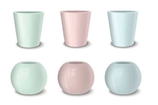 istock Realistic vector empty flower pot set, pastel colors - pink, green and blue. Closeup isolated on white background. Design template for branding, mockup. EPS10 827796142