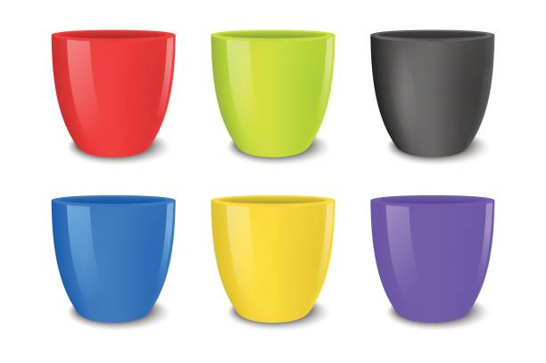 istock Realistic vector empty flower pot set, bright colors - red, green, blue and yellow . Closeup isolated on white background. Design template for branding, mockup. EPS10 827796182