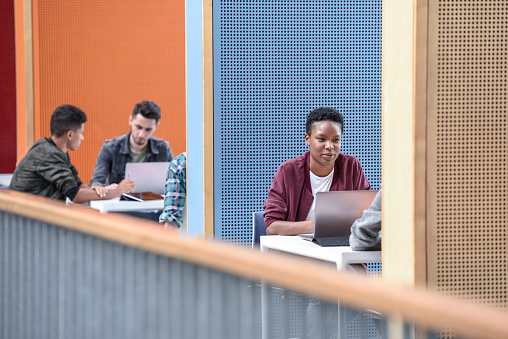Candid portrait of college students working, blue and orange partitions provide privacy