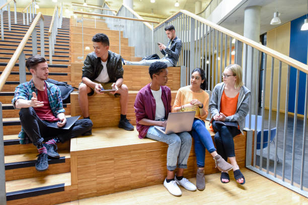 istock Multi racial group of college students relaxing on wooden steps 827810858
