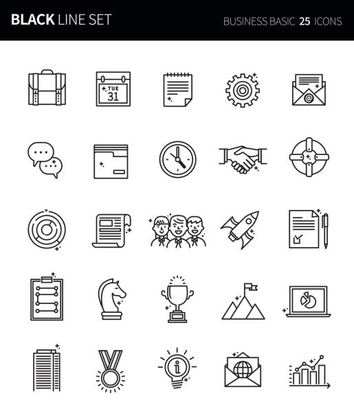 stockillustraties, clipart, cartoons en iconen met moderne, dunne, zwarte lijn iconen set business basic. premium kwaliteit overzicht symboolset. eenvoudige lineaire pictogram pack. bewerkbare line serie - redactioneel