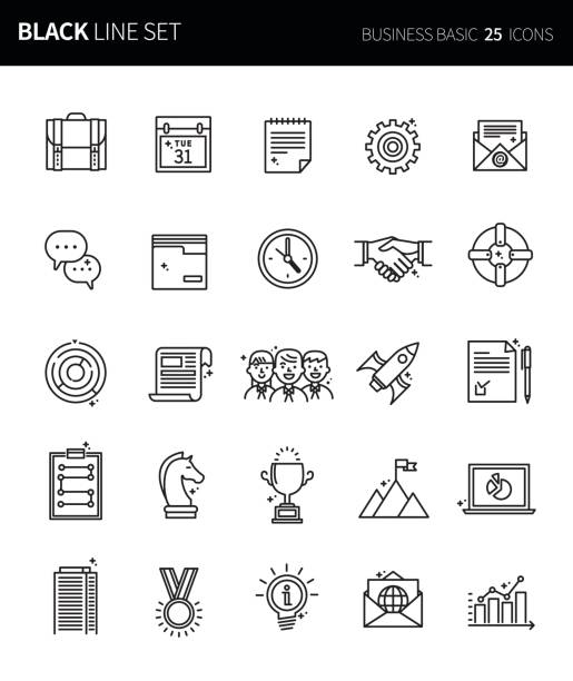 современные тонкие черные иконки линии набор основных бизнес. набор символов контура премиум-качества. простой линейный пакет пиктограммы - editorial stock illustrations