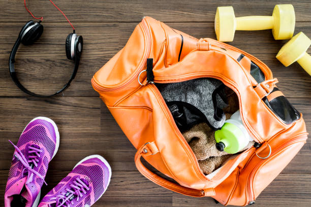Sports bag with sports equipment stock photo