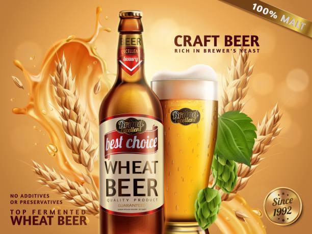 Wheat beer ads Wheat beer ads, beer bottle and glass with attractive beer and ingredients behind them, 3d illustration on glitter bokeh background beer glass splash stock illustrations