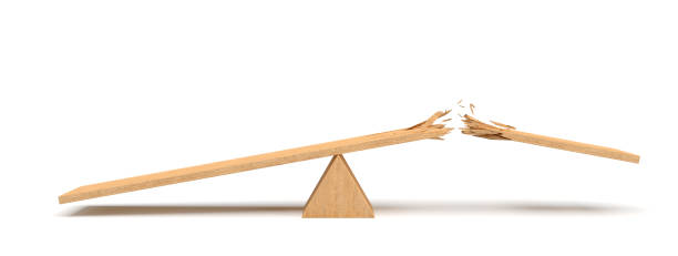 3d rendering of a triangle seesaw made of light wood with a broken plank on white background