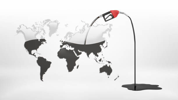 3d rendering of a gas nozzle pumping oil from a half-empty grey Earth map and leaking gas into a puddle