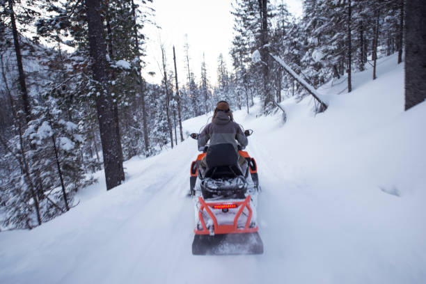 istock Driver riding on touring snowmobile in snow frost forest. 827822328