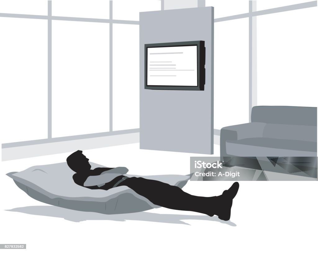 Modern Television Setup A vector silhouette illustration of a young adult laying down on an oversized pillow on the floor in the middle of a living room looking towards a tv mounted on a wall panel. Sofa stock vector