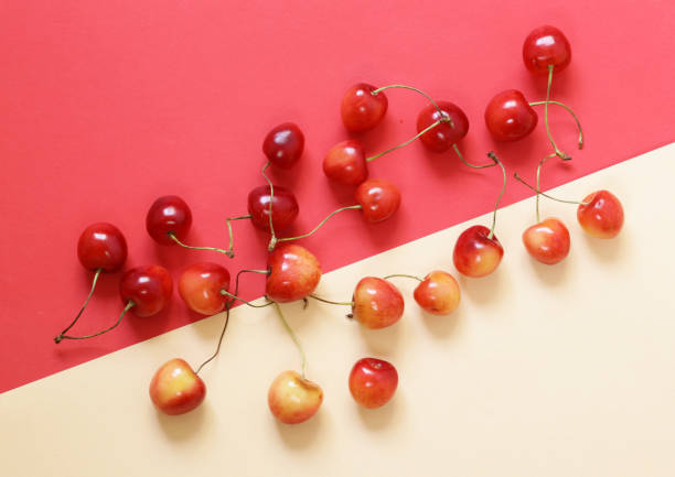 istock Ripe red and yellow cherry on a colored background 827837098