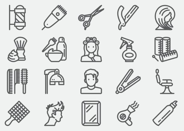 ilustraciones, imágenes clip art, dibujos animados e iconos de stock de iconos de línea barbero y peluqueria - computer icon symbol hair gel hair salon