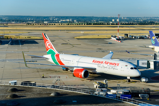 CIRCA AUGUST 2015 - ROISSY-EN-FRANCE: A Kenya Airways Boeing 787-8 at Paris Charles de Gaulle Airport.