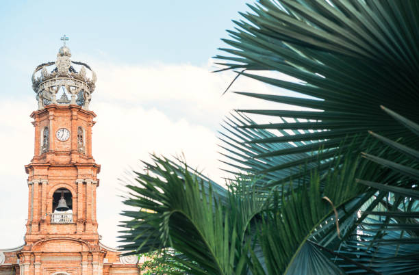 This is a horizontal, color photograph shot in travel destination, Puerto Vallarta, Mexico. The historic Parroquia de Nuestra Señora de Guadalupe cathedral is visible in the background. Green palm fronds fill the foreground.