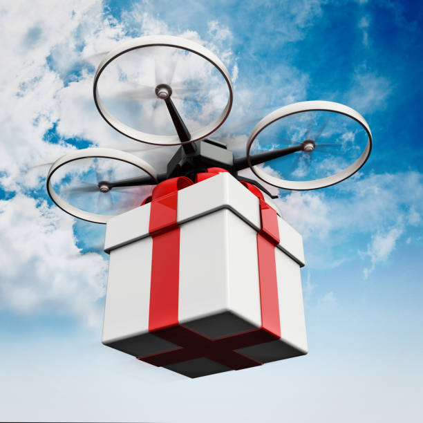istock Drone carrying a gift box against blue cloudy sky 827847766