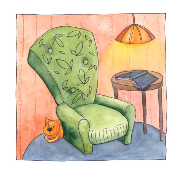 istock Cozy armchair, cat, book and lamplight, watercolor 827847788