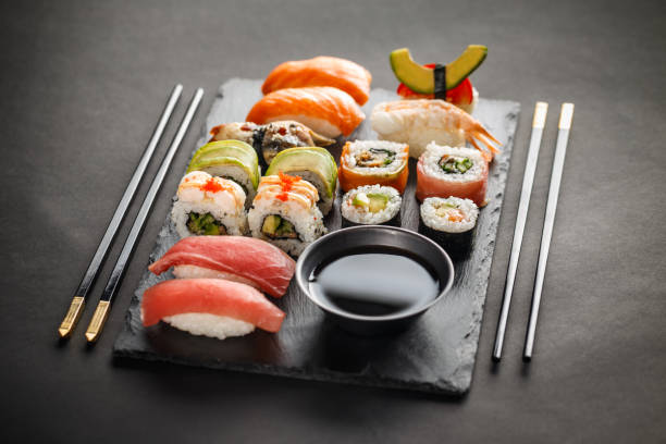 istock Sashimi, maki and nigiri sushi 827855408