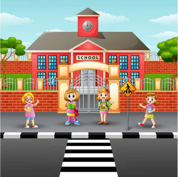 Vector illustration of Children crossing the street in front school