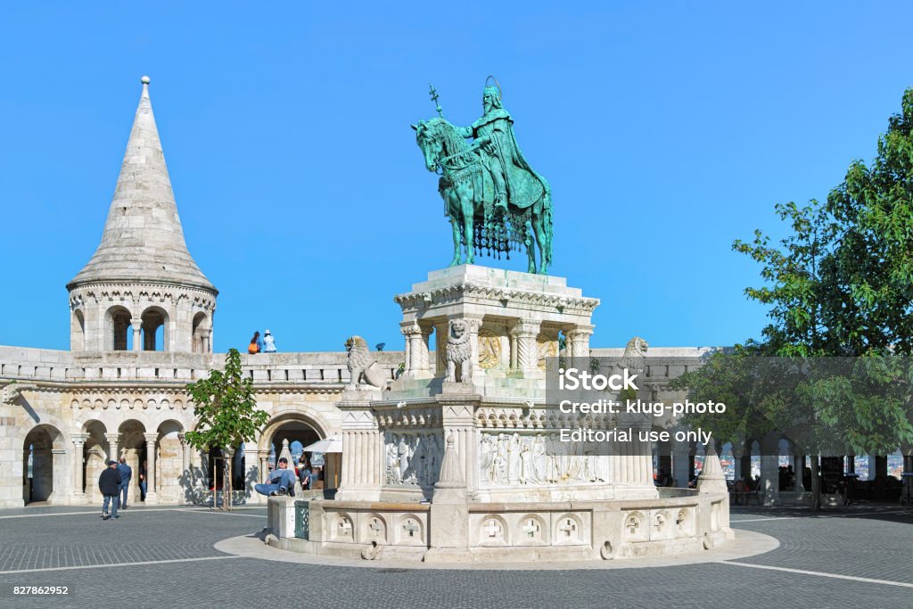 Equestrian statue of King Saint Stephen in Budapest, Hungary Budapest, Hungary - October 2, 2015: Equestrian statue of King Saint Stephen in Fisherman's Bastion of Buda Castle. The monument by sculptor Alajos Strobl, based on the plans of architect Frigyes Schulek, was erected in 1906. Architecture Stock Photo