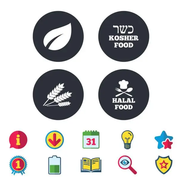 Vector illustration of Natural food icons. Halal and Kosher signs.