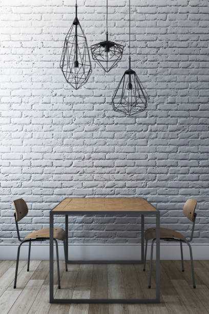 istock Dining set with brick wall and modern chandelier. 3d illustration 827871858