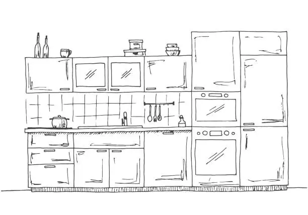 Vector illustration of Hand drawn kitchen furniture. Kitchen with built-in microwave, oven and fridge. Vector illustration of a sketch style.