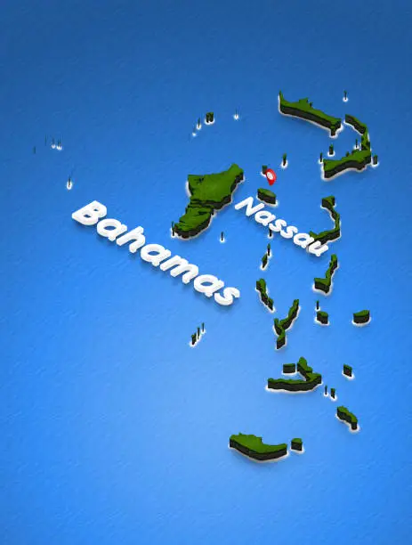 Illustration of a green ground map of Bahamas on water background. Left 3D isometric perspective projection with the name of country and capital Nassau.