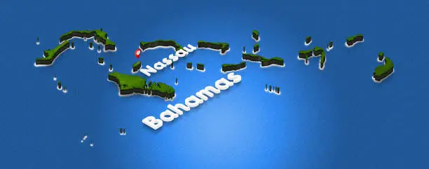 Illustration of a green ground map of Bahamas on water background. Right 3D isometric perspective projection with the name of country and capital Nassau.