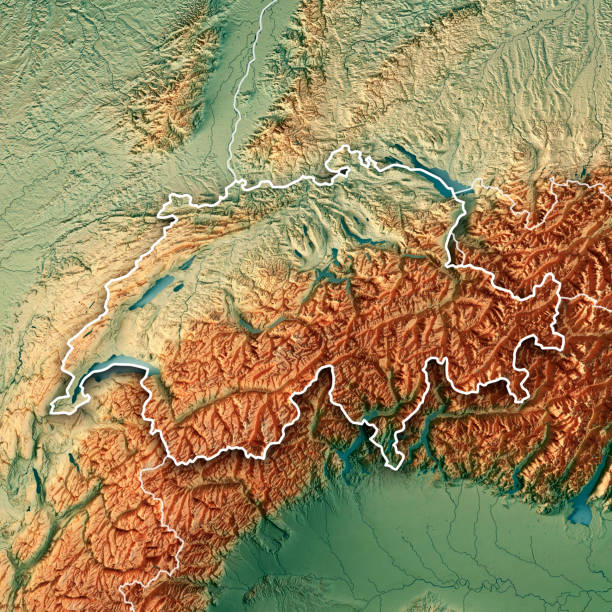 3D Render of a Topographic Map of Switzerland.\nAll source data is in the public domain.\nColor texture: Made with Natural Earth. \nhttp://www.naturalearthdata.com/downloads/10m-raster-data/10m-cross-blend-hypso/\nBoundaries Level 0: Humanitarian Information Unit HIU, U.S. Department of State (database: LSIB)\nhttp://geonode.state.gov/layers/geonode%3ALSIB7a_Gen\nRelief texture and Rivers: SRTM data courtesy of USGS. URL of source images: \nhttps://e4ftl01.cr.usgs.gov//MODV6_Dal_D/SRTM/SRTMGL1.003/2000.02.11/\nWater texture: SRTM Water Body SWDB:\nhttps://dds.cr.usgs.gov/srtm/version2_1/SWBD/