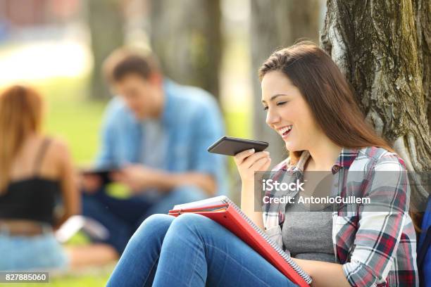 Student Using Voice Recognition With A Phone Stock Photo - Download Image Now - Speech Recognition, Adolescence, Adult