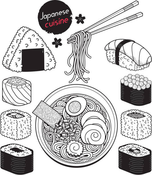 ilustraciones, imágenes clip art, dibujos animados e iconos de stock de japón comida doodle elementos estilo dibujado a mano. - comida japonesa