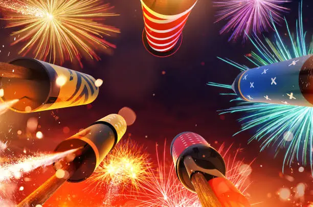Bottom view of fireworks rockets launching into the sky, free space for text. Concept of celebration and New Years Eve. 3D render of rockets.