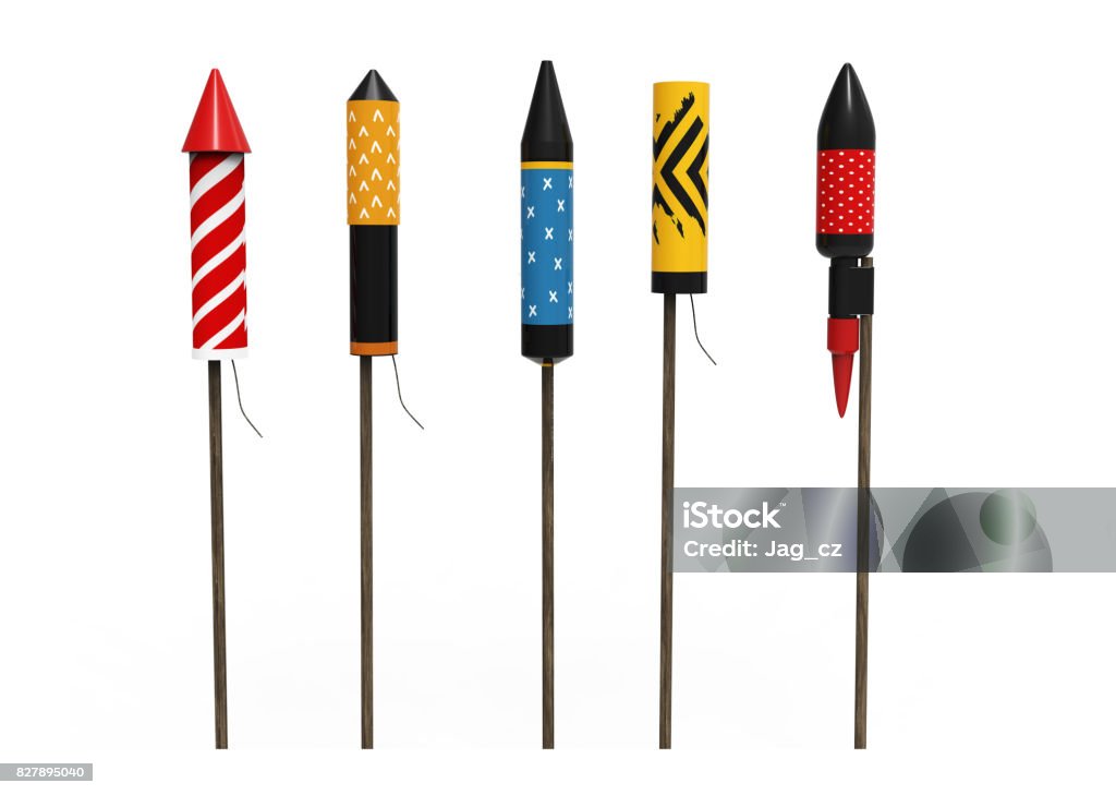 Collection of firework rockets, isolated on white background Group of fireworks rockets, isolated on white background. Concept of celebration and New Years Eve. 3D render of rockets. Firework - Explosive Material Stock Photo