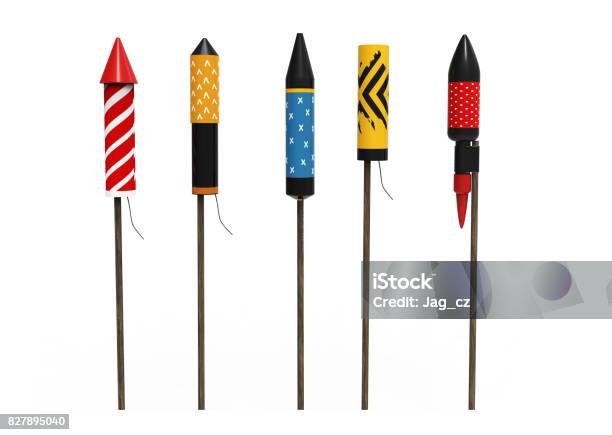 Collection Of Firework Rockets Isolated On White Background Stock Photo - Download Image Now