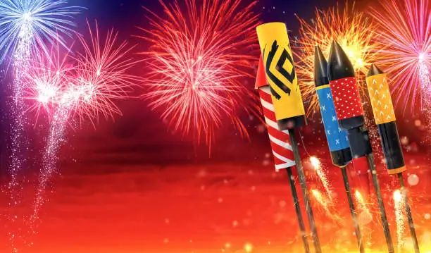 Group view of fireworks rockets launching into the sky, free space for text. Concept of celebration and New Years Eve. 3D render of rockets.