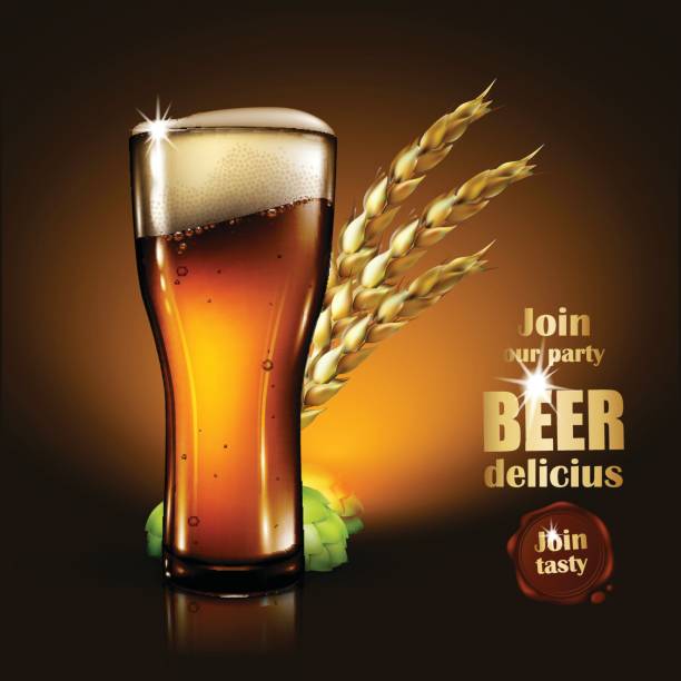 Beer advertising design. Highly realistic illustration with the effect of transparency. A glass and bottle of beer, spikes of barley and a bump of hops. Highly realistic illustration with the effect of transparency. beer brands stock illustrations