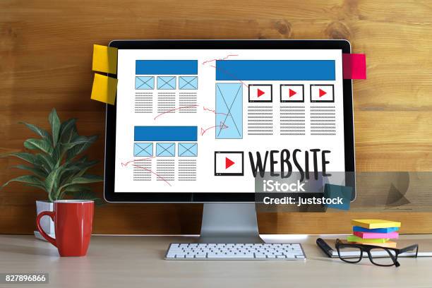 Web Design Layout Sketch Drawing Software Media Www And Graphic Layout Website Development Project Stock Photo - Download Image Now