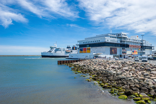 The Scandlines ferry in the harbor of Puttgarden on the Fehmarn island at the Baltic Sea