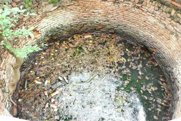 Water-well in the woods filled with dirty water and garbage.