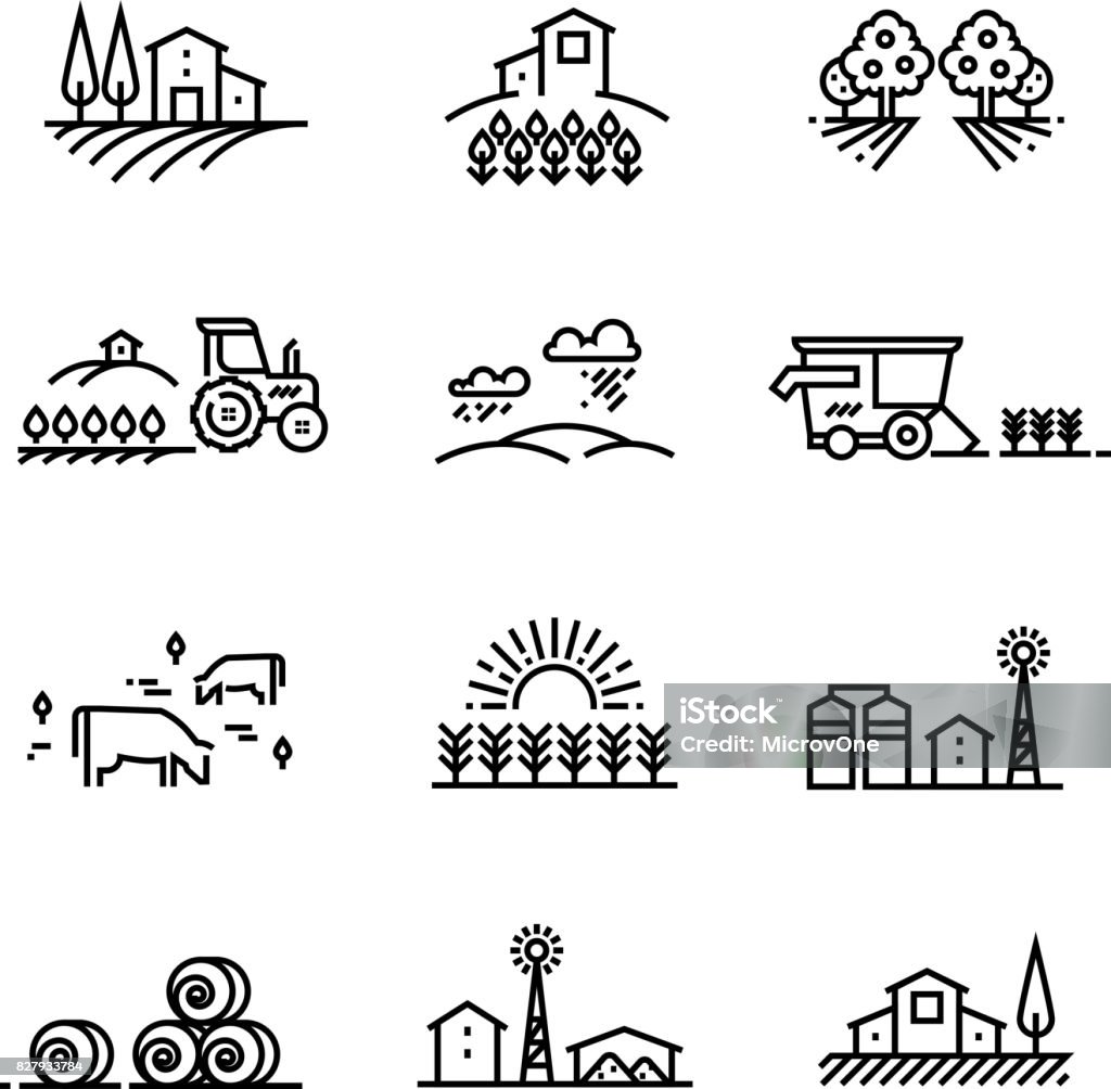 Village line landscapes with agricultural field and farm buildings. Linear farming vector concepts Village line landscapes with agricultural field and farm buildings. Linear farming vector concepts. Farmland and field, illustration of agriculture garden and plantation Farm stock vector