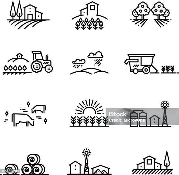 Village Line Landscapes With Agricultural Field And Farm Buildings Linear Farming Vector Concepts Stock Illustration - Download Image Now