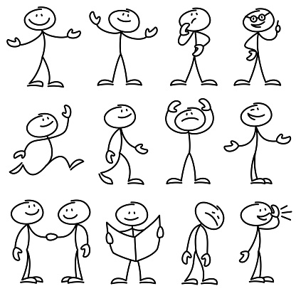 Cartoon hand drawn stick man in different poses vector set. Cartoon stick person hand drawn doodle sketch illustration