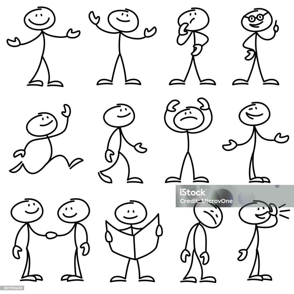 Cartoon Hand Drawn Stick Man In Different Poses Vector Set Stock ...