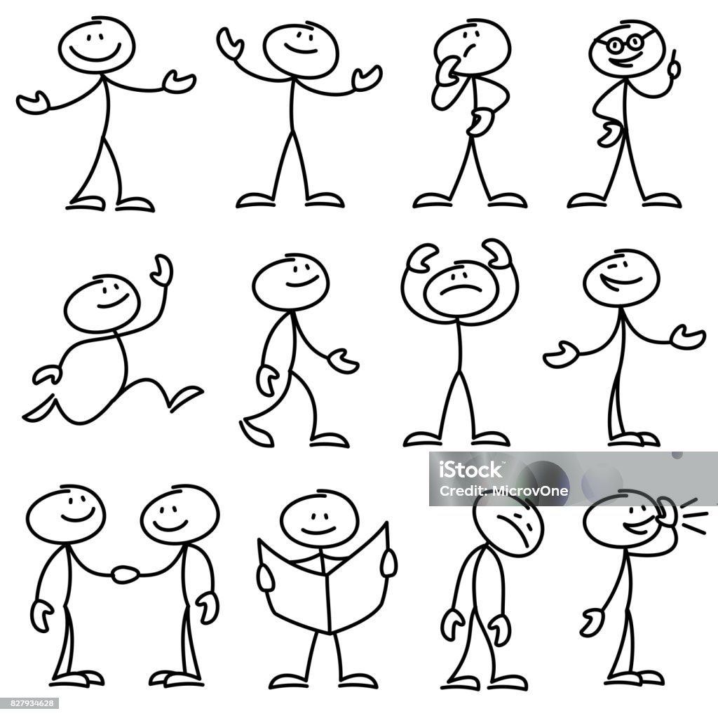 Cartoon hand drawn stick man in different poses vector set Cartoon hand drawn stick man in different poses vector set. Cartoon stick person hand drawn doodle sketch illustration Stick Figure stock vector